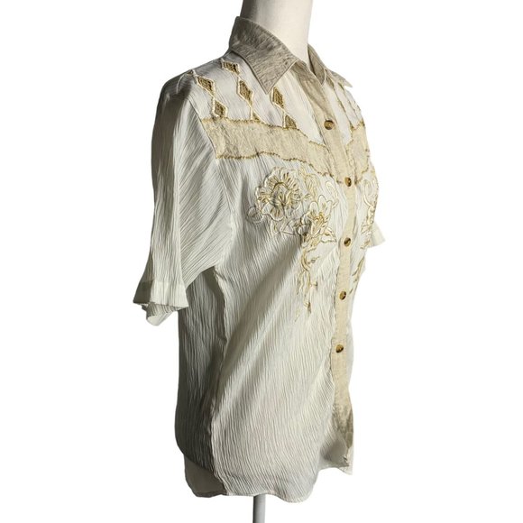 Vintage 90s Button Up Crinkle Blouse M White Short Sleeve Embroidered Cut Outs - Picture 3 of 9
